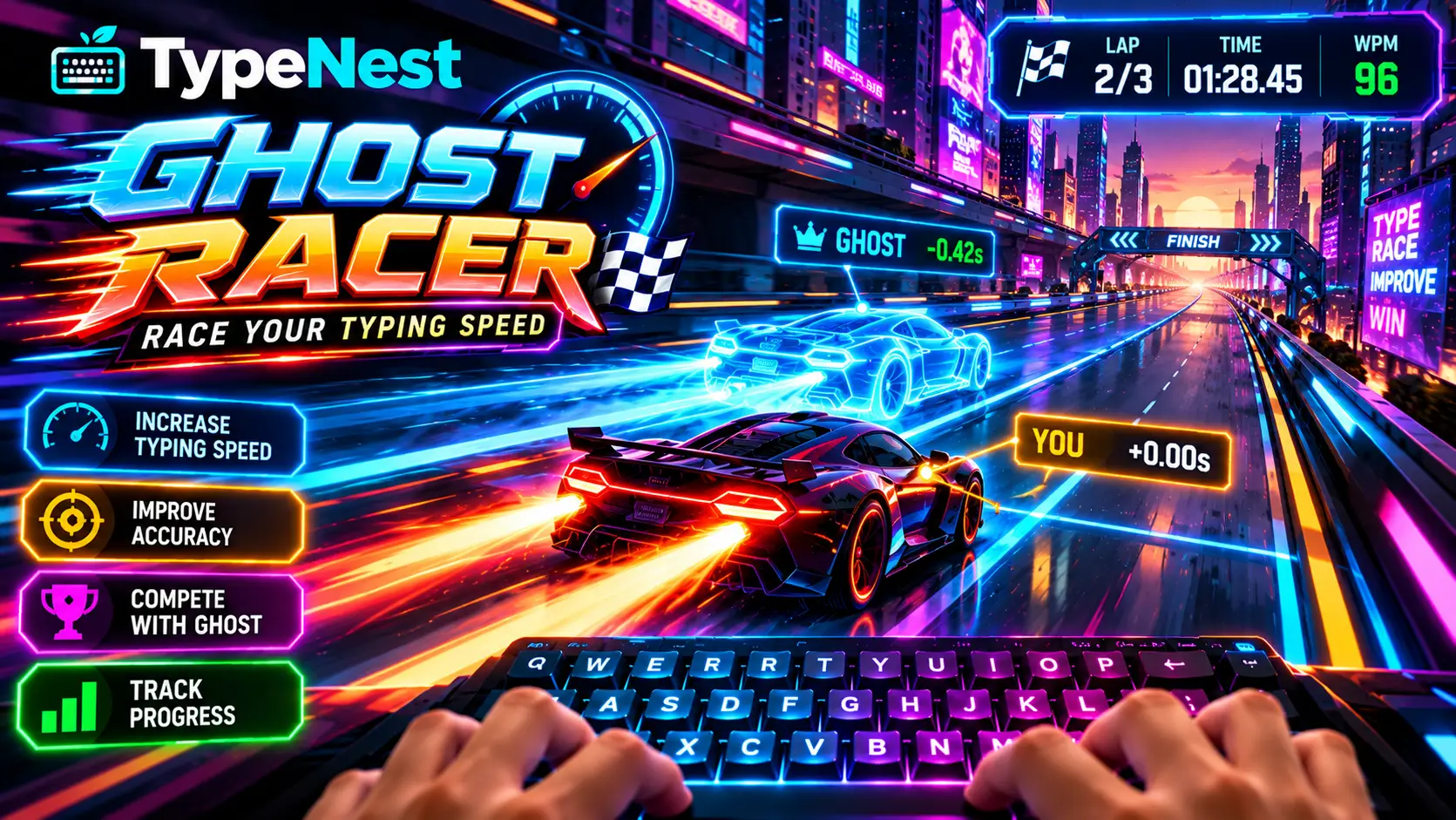 1v1 Ghost Racer track showing user racer competing side-by-side with translucent ghost record