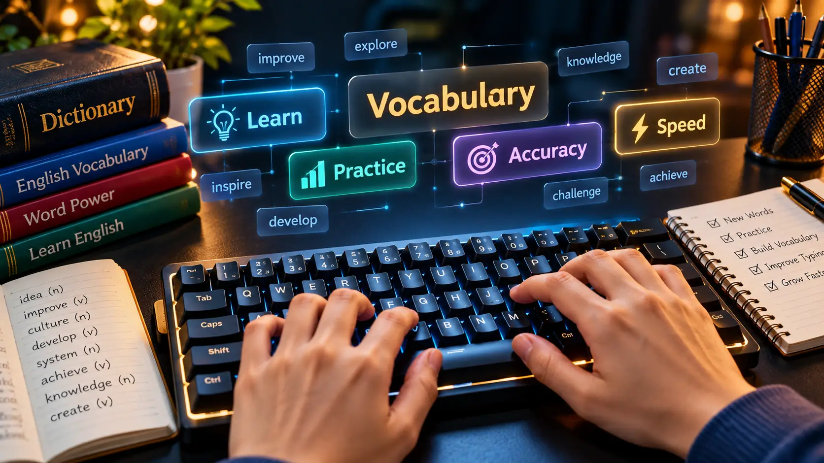 Interactive dual typing screen showing English word spelling, phonetic sound, and sentence practice on TypeNest