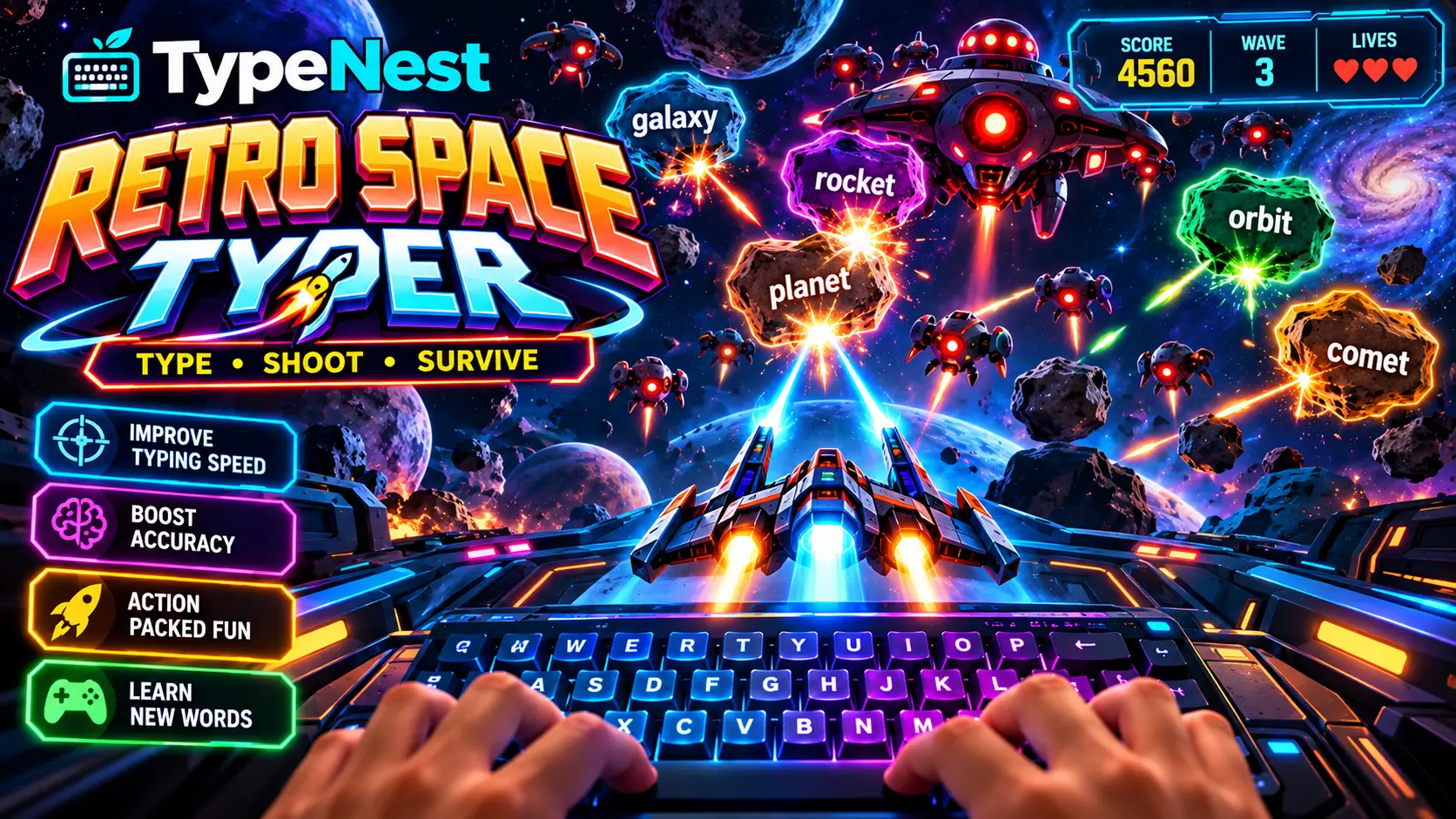 Retro Space Typer arcade interface featuring laser cannons shooting alien ships