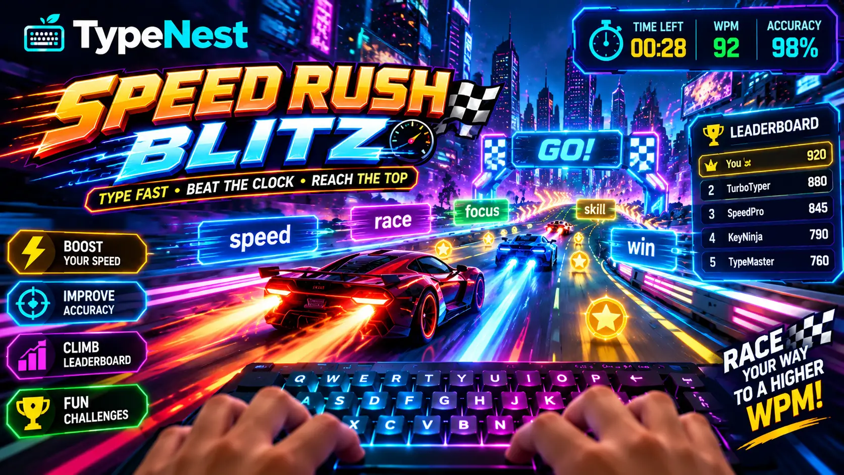 Speed Rush 60-second typing sprint screen with combo streak multiplier rings