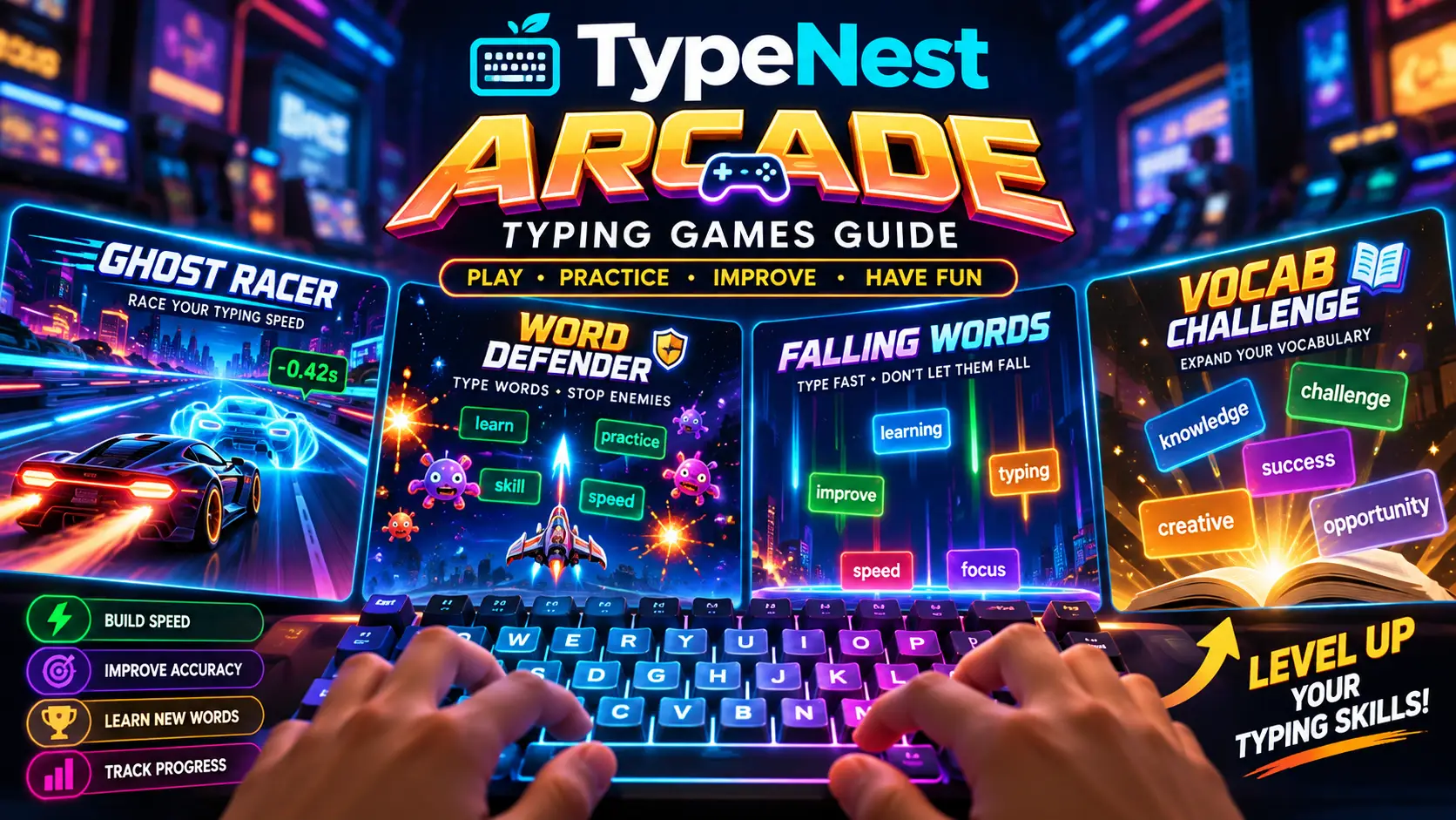 TypeNest Arcade Suite featuring four browser typing games on dark desktop interface