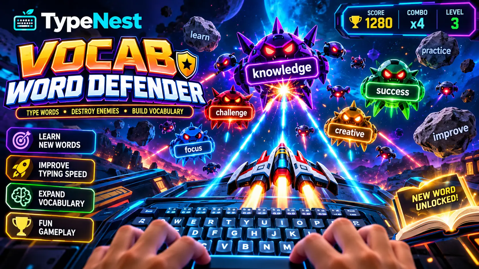 Vocab Word Defender gameplay showing falling English words with Marathi translations